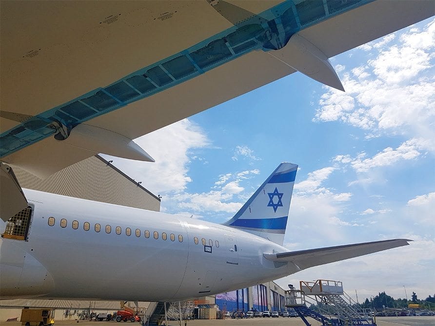 מטוס הדרימליינר 787-9 של אל על על פס הייצור בסיאטל. צילום: ספיר פרץ זילברמן