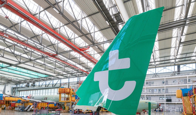 The refreshed logo on the tail of an aircraft at the Airbus factory in Hamburg. Photo: Airbus