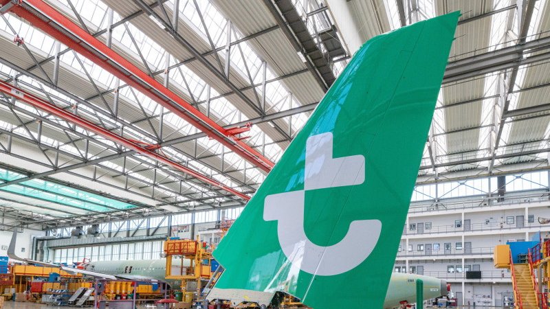 The refreshed logo on the tail of an aircraft at the Airbus factory in Hamburg. Photo: Airbus