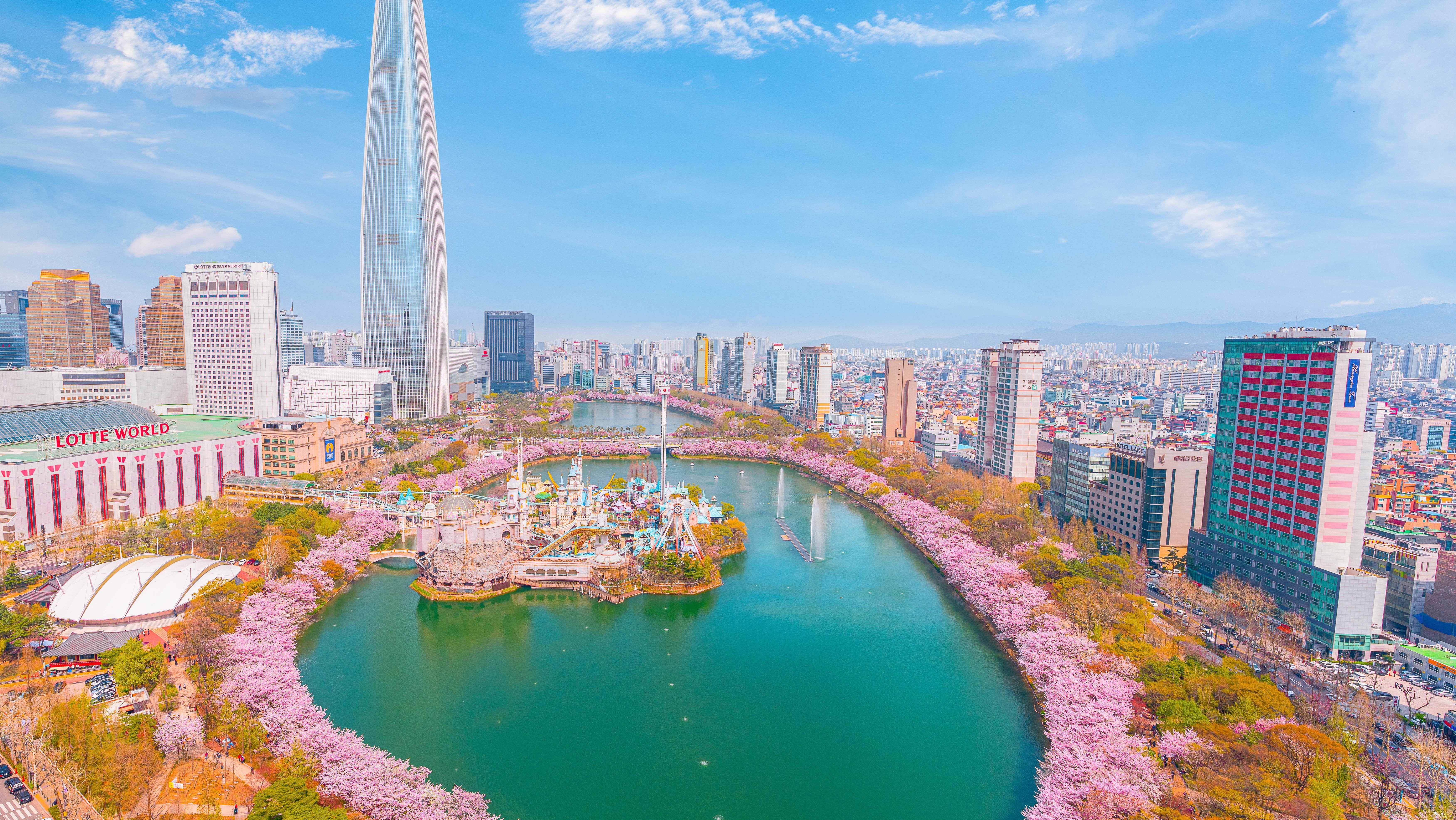 Lotte World Amusement Park in Seoul, South Korea, surrounded by full-bloom cherry blossoms. Photo: WASAN ONRUECHA / Shutterstock