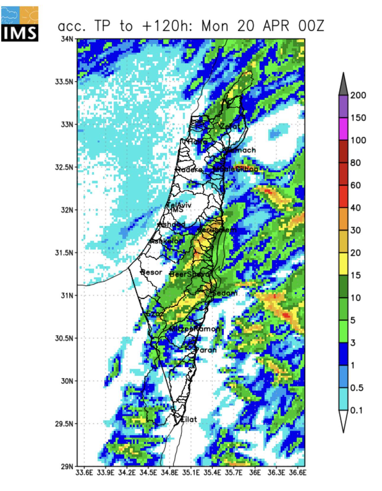 כמויות המשקעים המצטברים הצפויים בימים הקרובים. צילום: השירות המטאורולוגי הישראלי