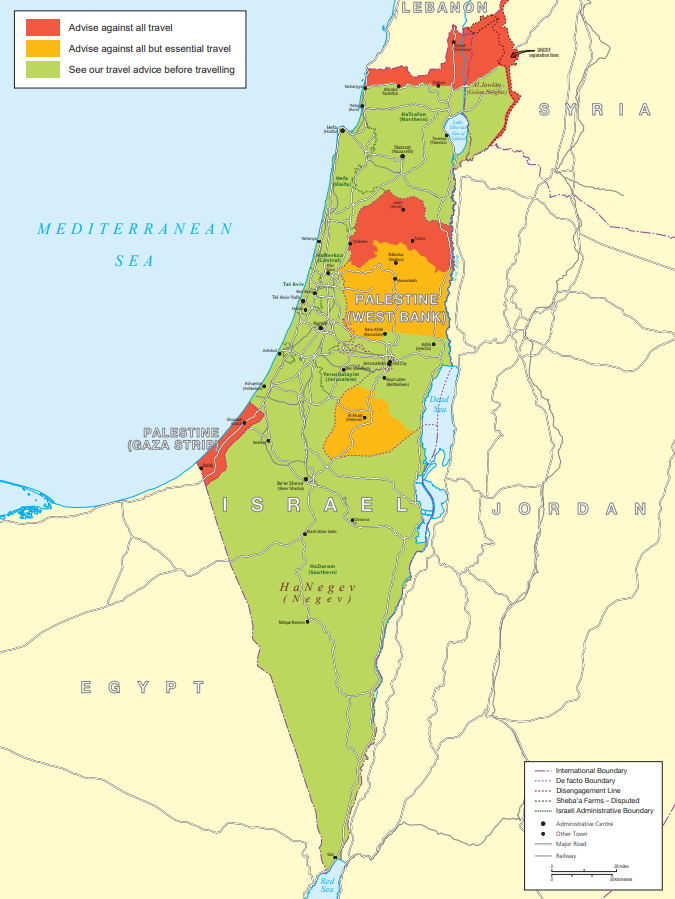 מפת אזהרת המסע של משרד החוץ הבריטי לישראל. צילום: gov.uk