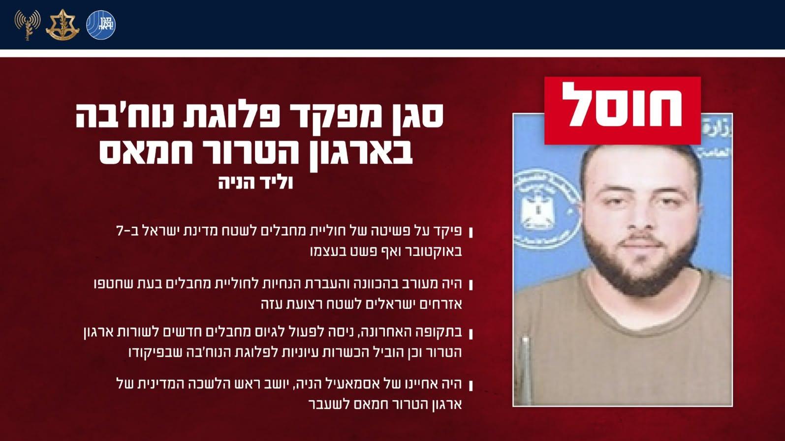 וליד הניה חוסל - סגן מפקד פלוגת נוח'בה שפיקד על חוליית מחבלים ב-7 באוקטובר