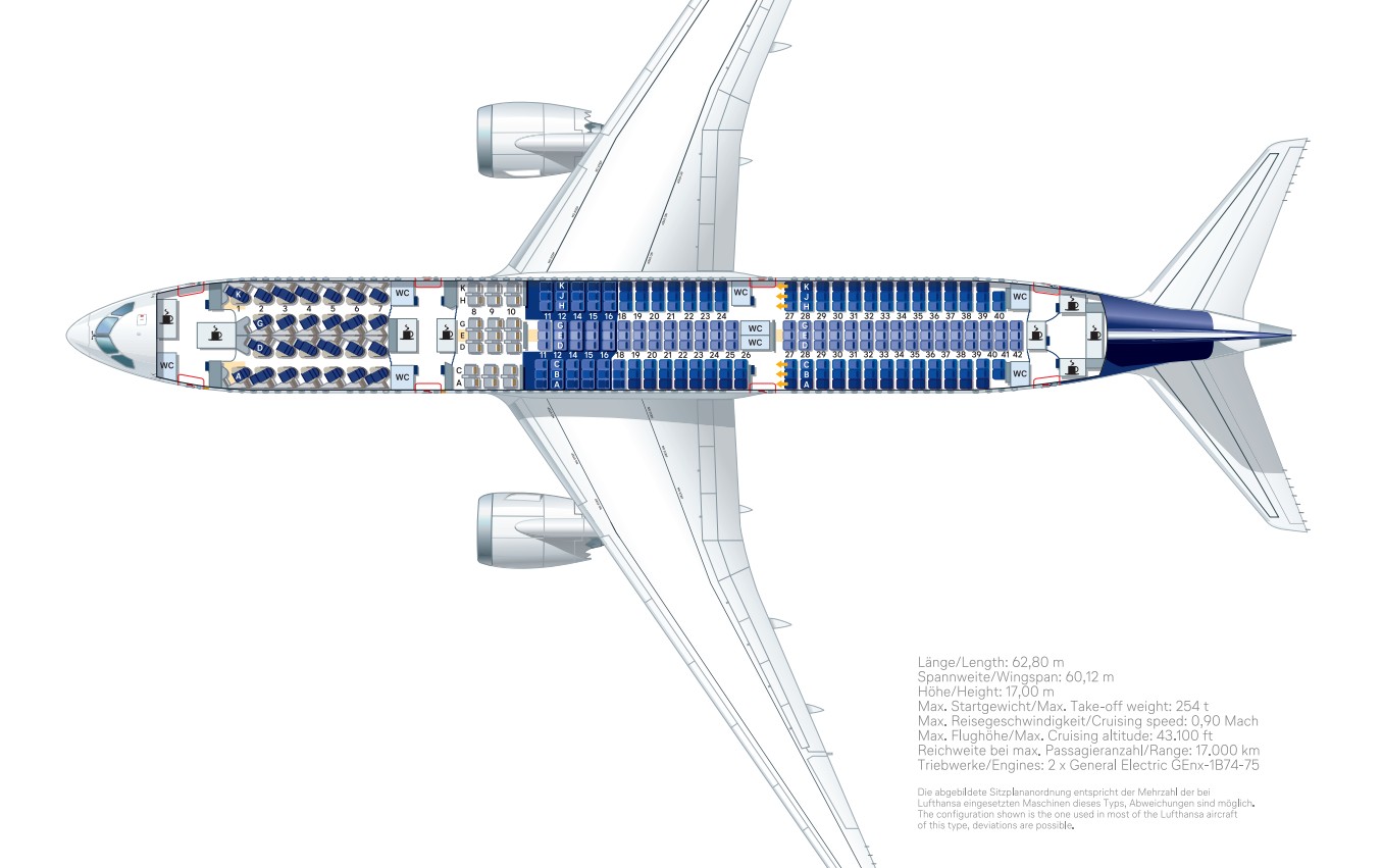  seat map B787-9 (26 Business/21 Premium Economy/247 Economy) מאתר לופטהאנזה 