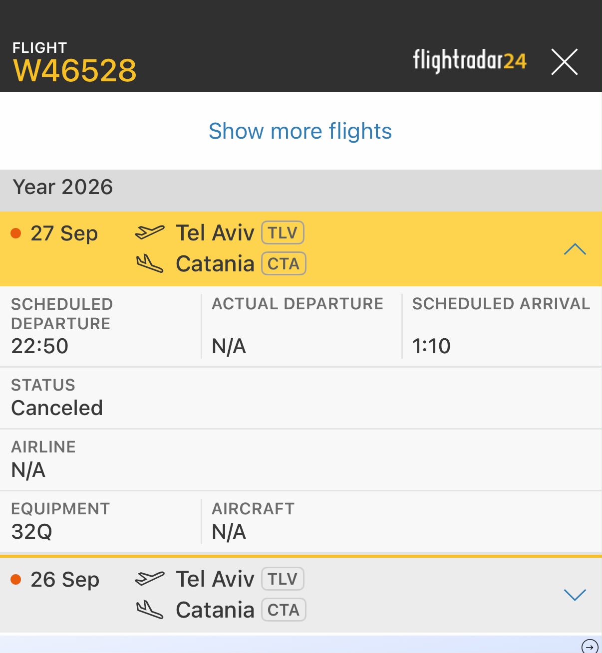 הטיסה המבוטלת. צילום: Flightradar24