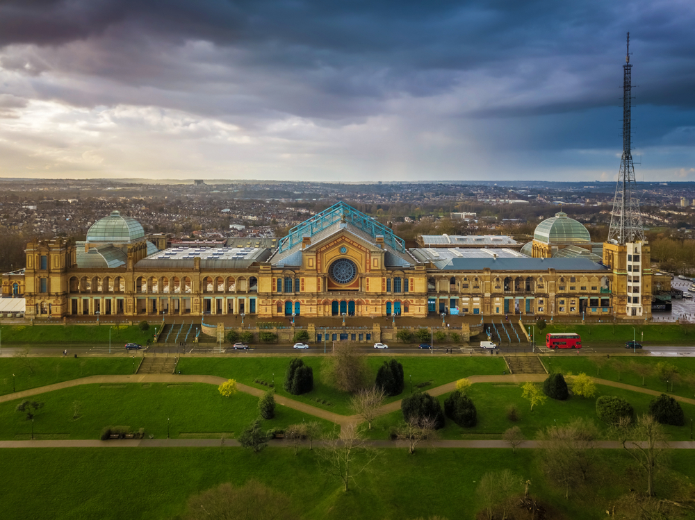 London, England - Aerial panoramic view of Alexandra Palace in Alexandra Park. Credit: ZGPhotography / Shutterstock
