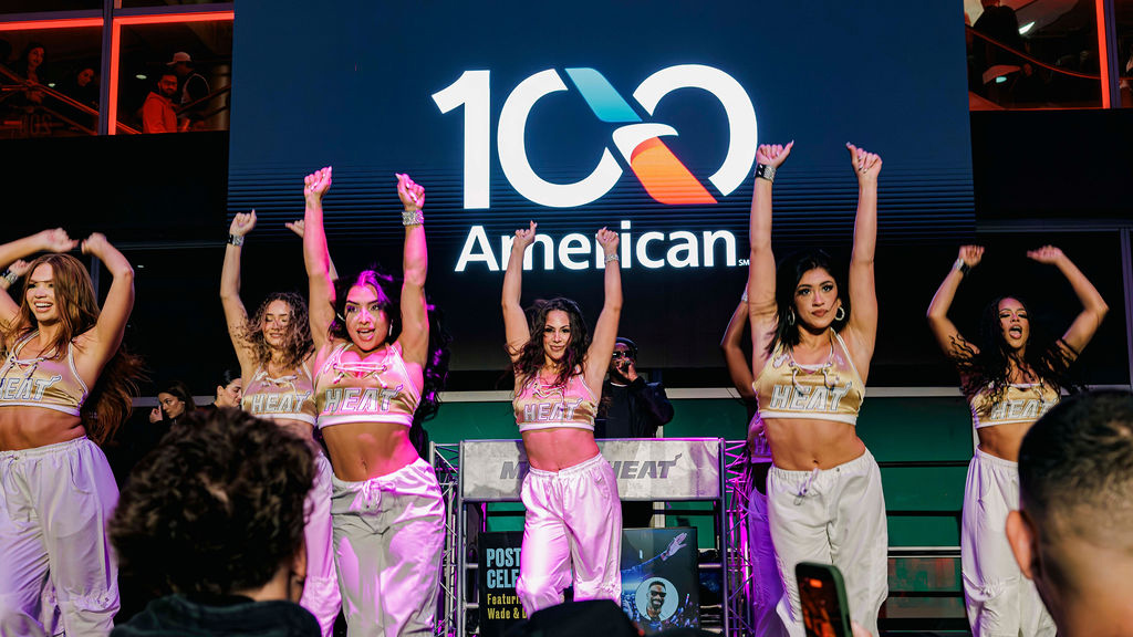 Miami HEAT dancers celebrating American’s centennial and 20th anniversary of the 2006 Miami HEAT Championship team. Photo: American Airlines