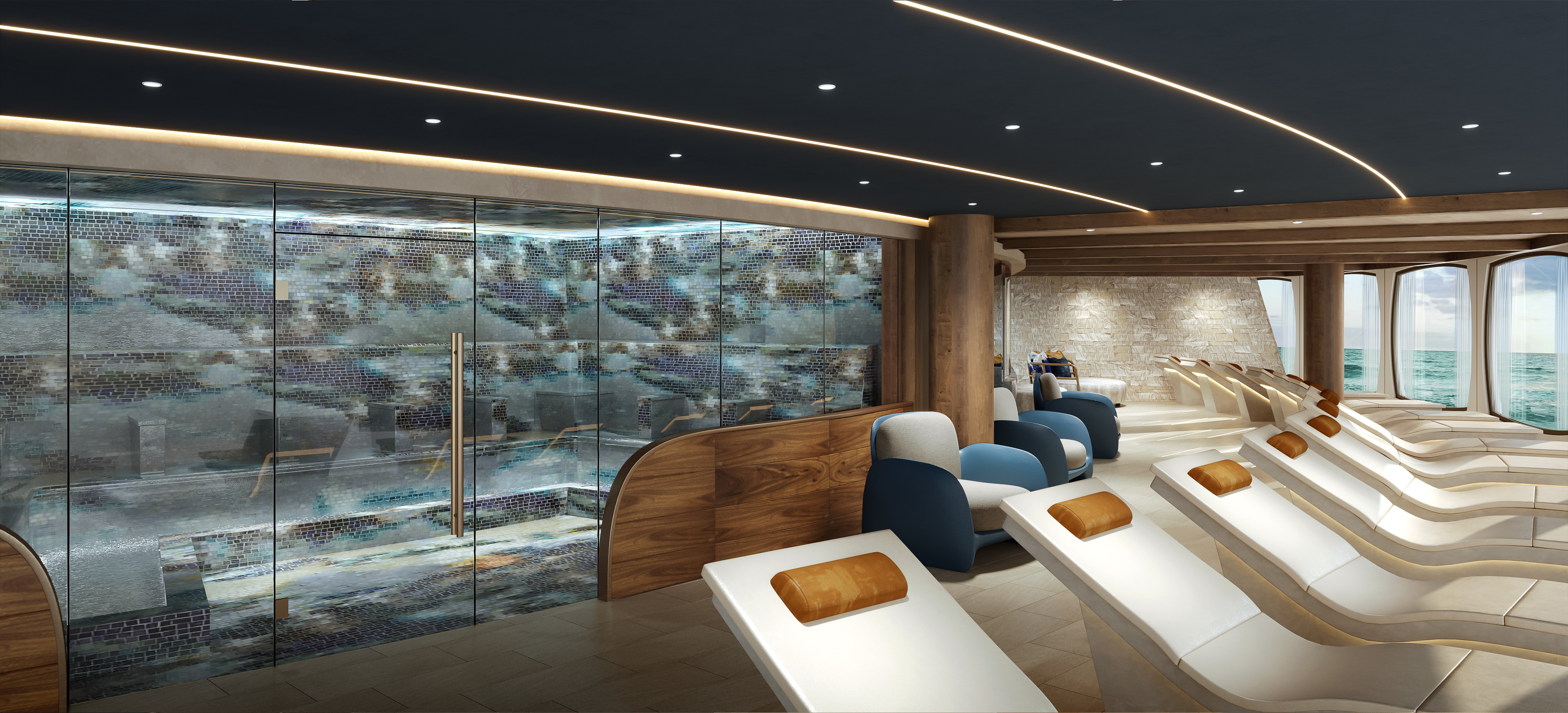 Norwegian Aura - Spa Heated Loungers Rendering. Photo: NCL