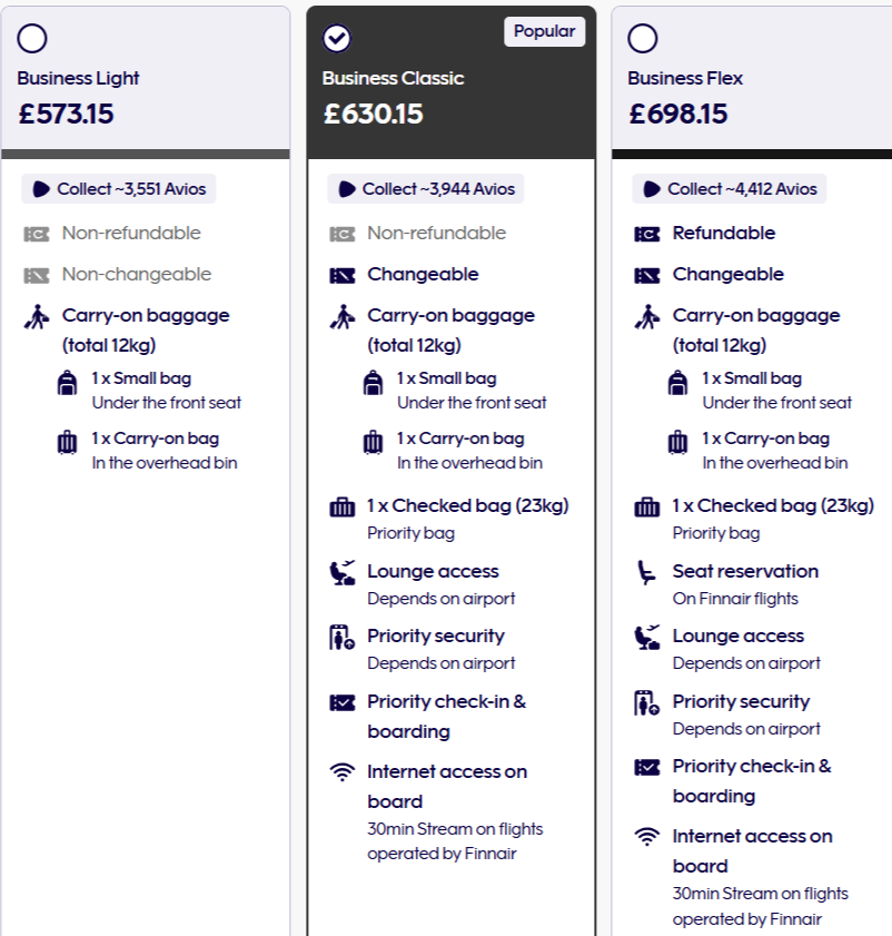 Some examples of differences between business class tickets. Photo: FINNAIR