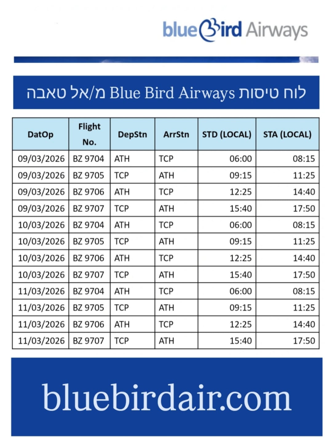 לוח טיסות בלו בירד מאתונה